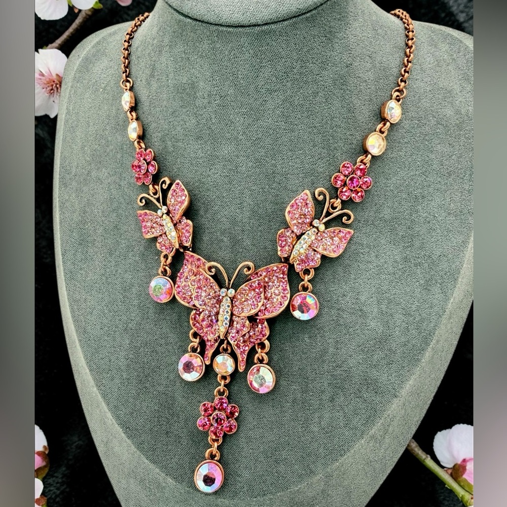 Kirks Folly Pink Butterfly Rhinestone Necklace AB Drop Signed 16”-19” whimsical - Picture 10 of 17